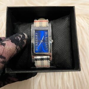 Burberry Nova Check Tank Watch with Blue Dial and Silver Hardware